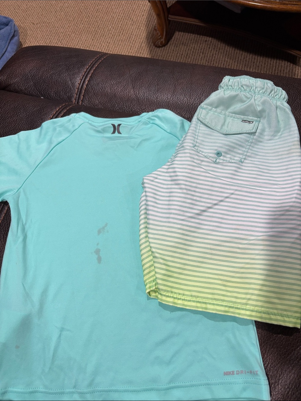 Hurley Aqua Short Sleeve Rash Guard with Mint-Striped Swim Shorts - Picture 2 of 7